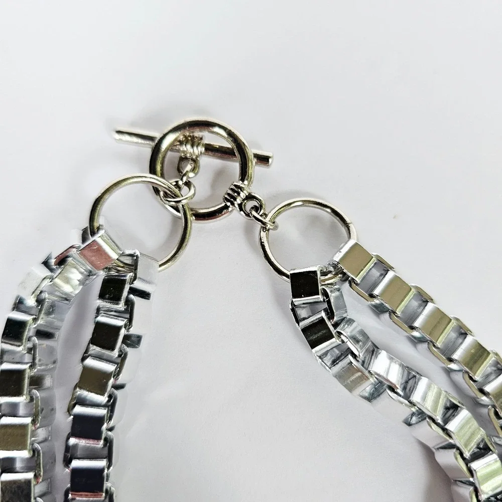 NIB Set of 3 90's Cubic Link Necklace Silvertone Toggle Box Chain Industrial Y2K